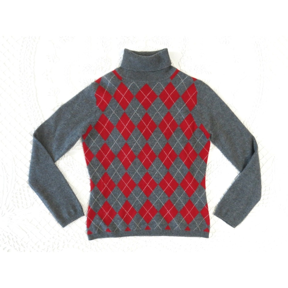 Apt 9 Cashmere Sweater Womens Medium Gray Red Argyle Diamond Turtleneck Pullover